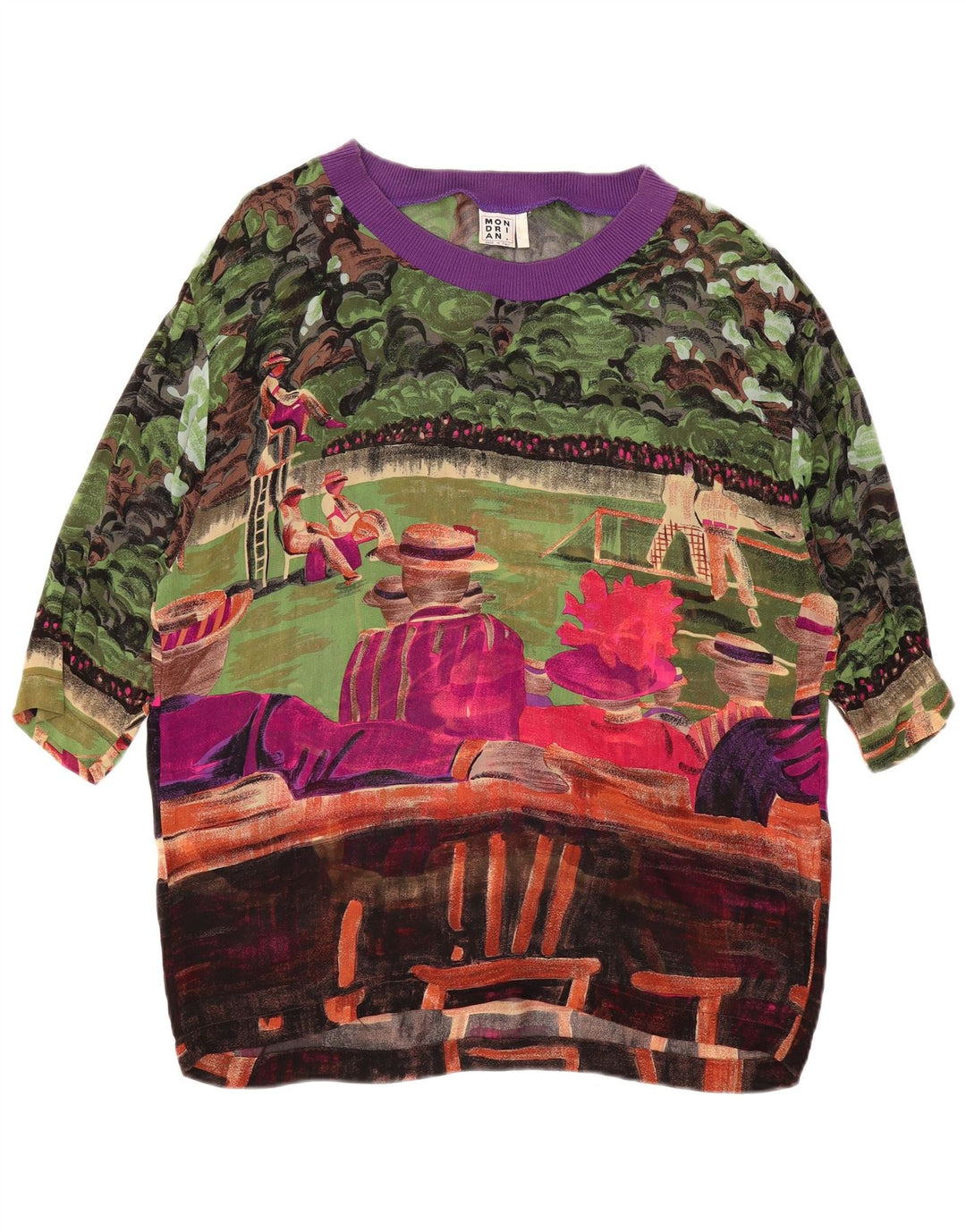 Blusa feminina VINTAGE com padrão abstrato UK 14 grande multicolorida