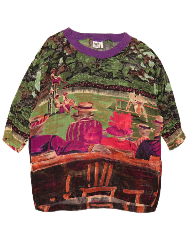 Blusa feminina VINTAGE com padrão abstrato UK 14 grande multicolorida