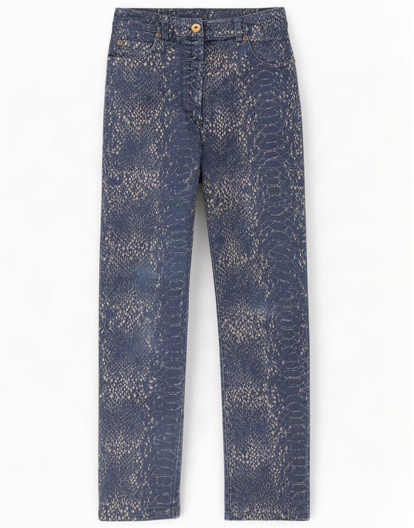 Calças casuais femininas vintage IT 42 Médio W28 L27 Azul Animal Print