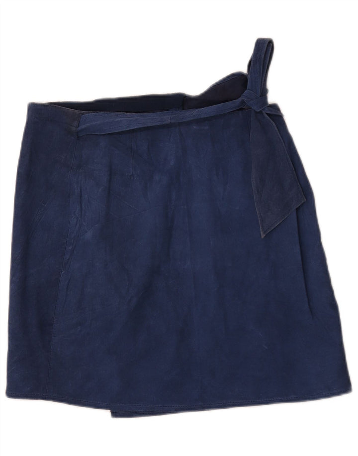 Mini saia envoltória feminina vintage de camurça W32 grande azul marinho