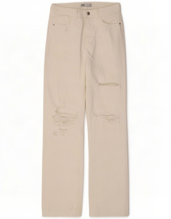 Zara Jeans soltos femininos de cintura alta desgastados UE 38 Pequeno W28 L33 Branco