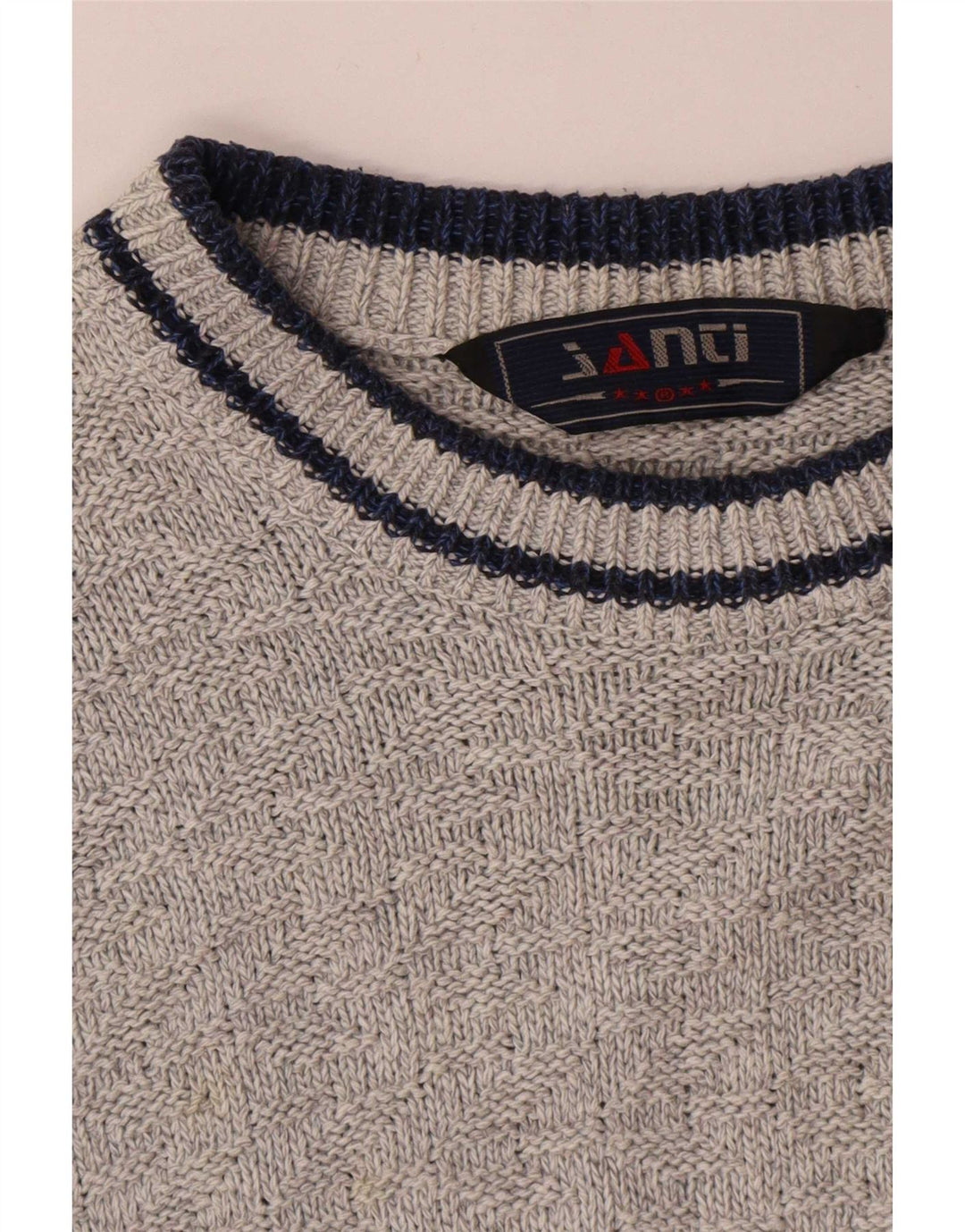 Suéter vintage masculino com gola redonda e bloco colorido cinza médio
