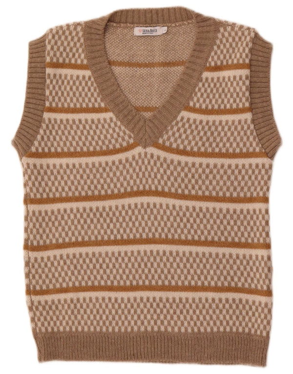 Colete feminino vintage regata Reino Unido 14 grande acrílico listrado bege