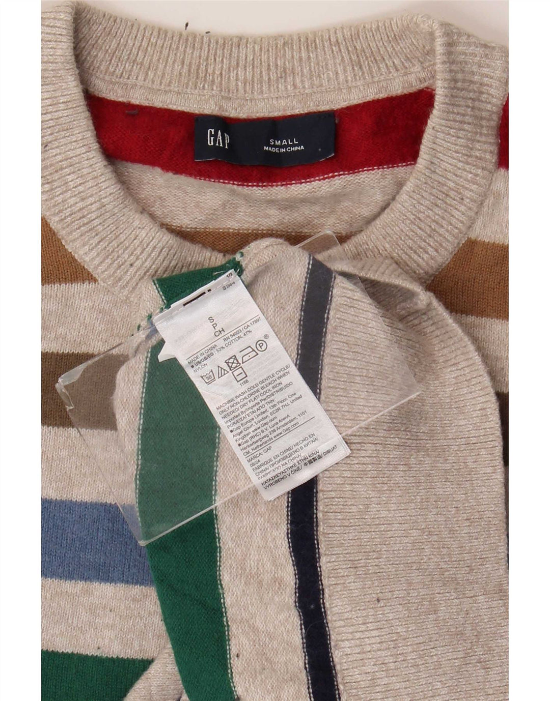 Suéter masculino Gap com gola redonda, pequeno algodão listrado multicolorido