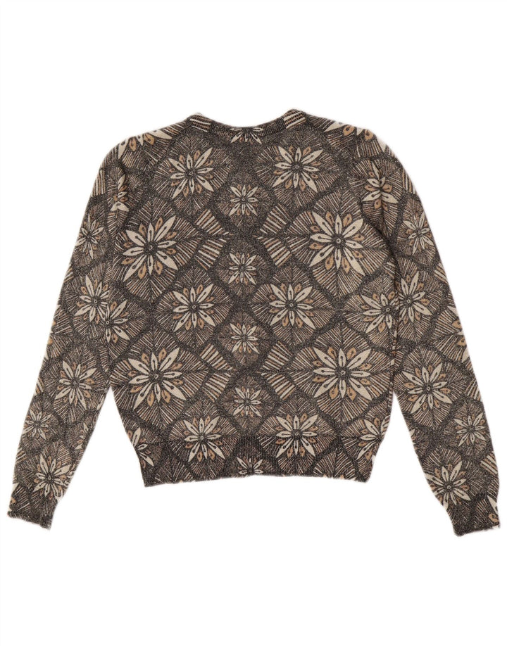 Suéter cardigã feminino Marks & Spencer Reino Unido 12 viscose floral cinza médio