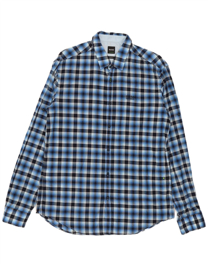 Camisa masculina Hugo Boss Stretch Regular Fit grande algodão xadrez azul