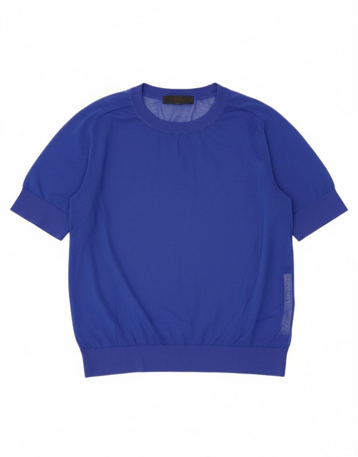 Zara Womens See Through Top UK 14 Grande Algodão Azul