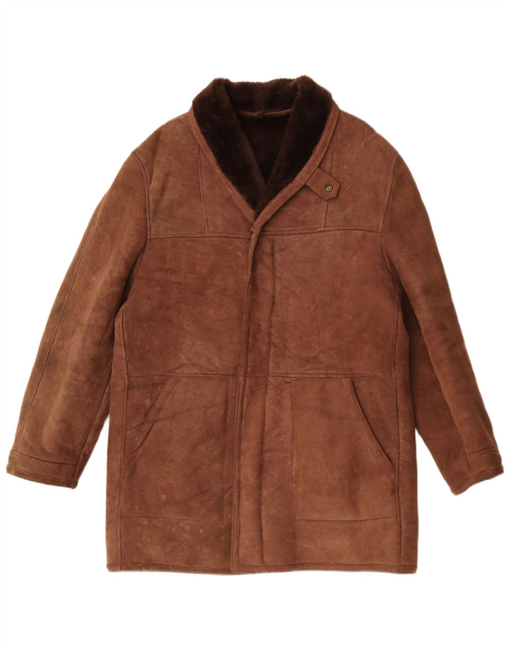 Sobretudo masculino vintage de shearling UK 40 grande marrom