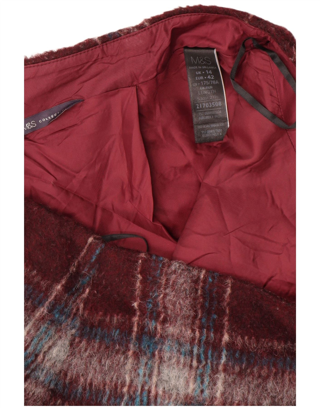 Minissaia feminina Marks & Spencer Reino Unido 14 grande W34 poliéster xadrez borgonha