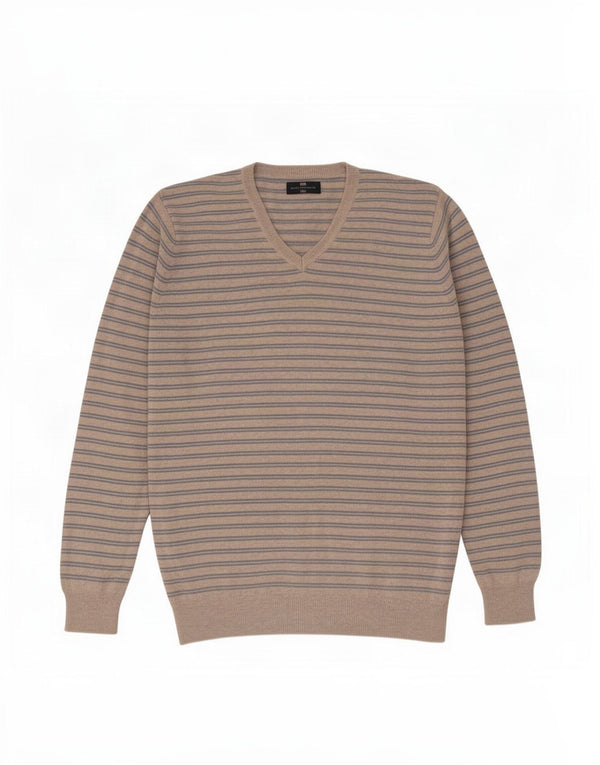 Suéter masculino Marks & Spencer Blue Harbor com decote em V grande listrado bege