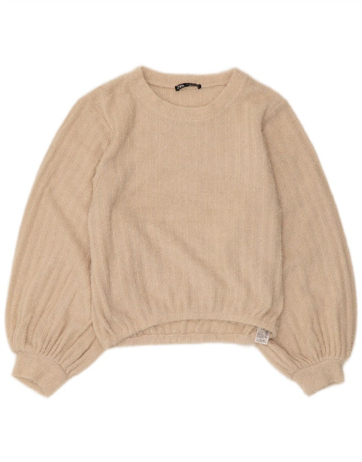 Suéter feminino Zara com gola redonda e poliéster listrado bege pequeno Reino Unido 10