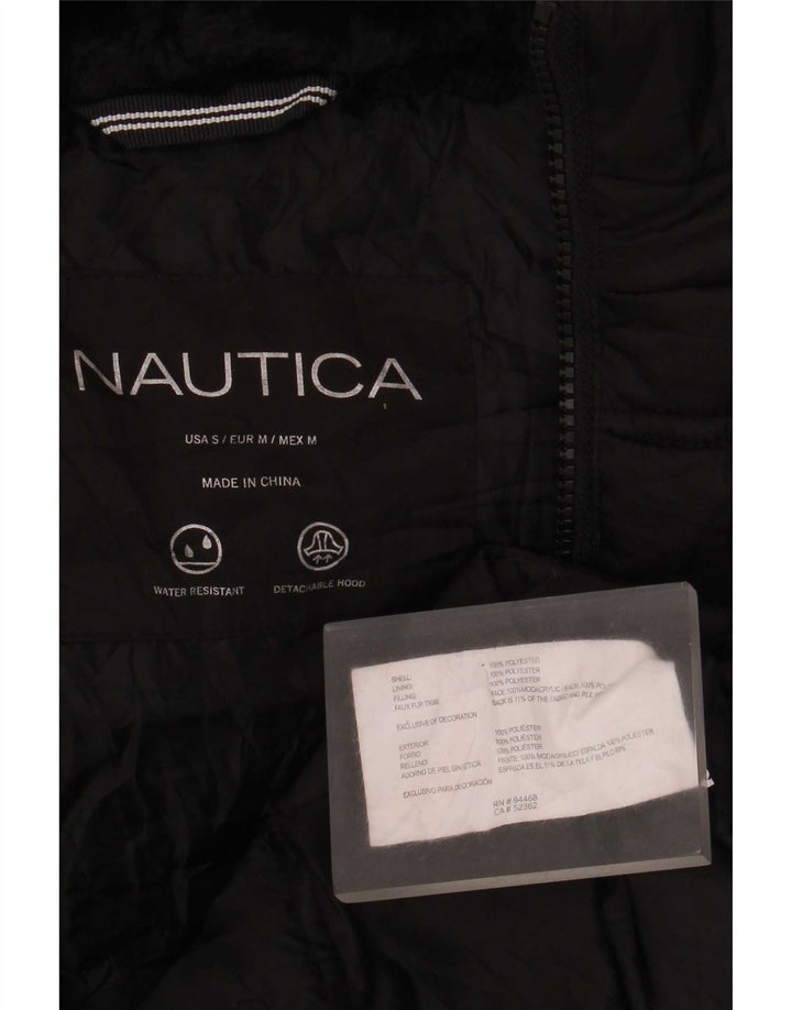Jaqueta feminina acolchoada com capuz grande Nautica UK 10 poliéster preto pequeno