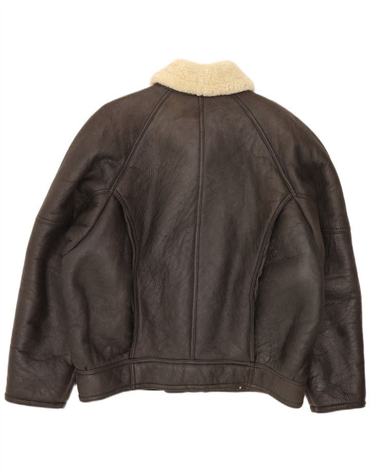 Jaqueta masculina vintage shearling IT 52 XL couro marrom