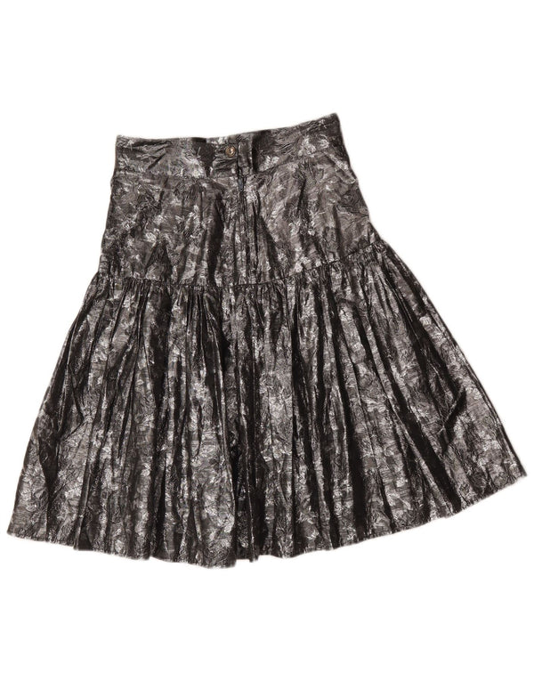 Saia feminina vintage cintura alta linha A IT 42 médio W26 floral prateado