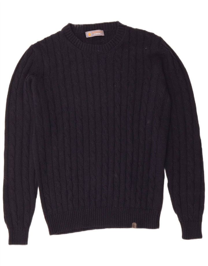 Suéter vintage masculino com gola redonda, acrílico azul marinho médio