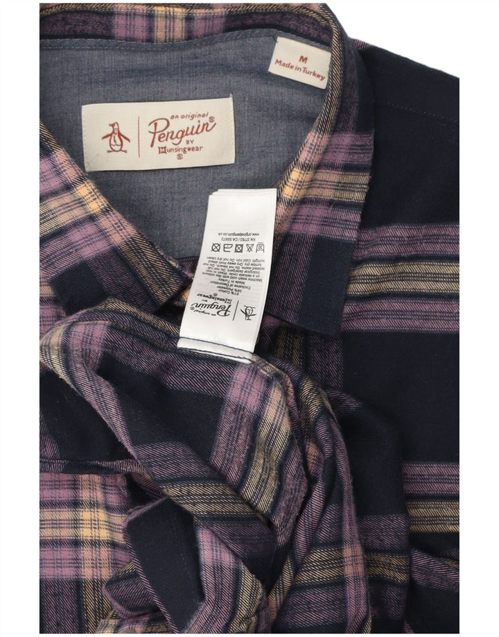 Camisa masculina de flanela Penguin, algodão xadrez médio azul marinho