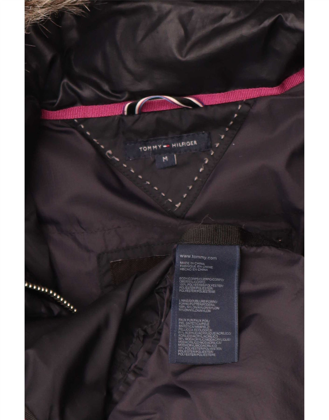 Casaco acolchoado com capuz feminino Tommy Hilfiger Reino Unido 14 poliéster azul marinho médio