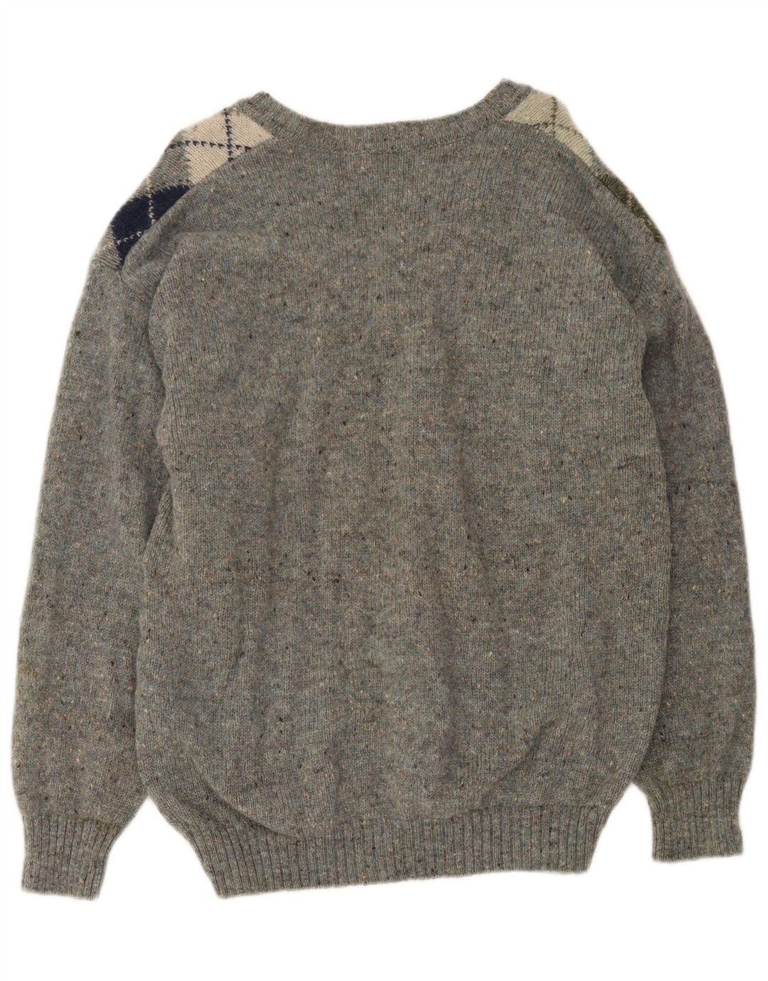 Suéter vintage masculino com decote em V cinza médio Argyle/lã virgem diamante