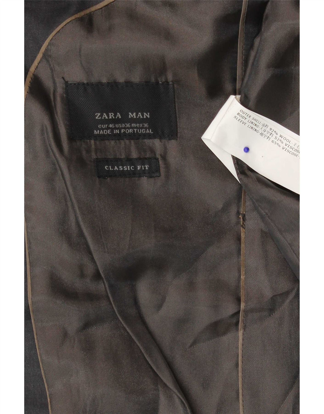 Jaqueta blazer masculina Zara com 2 botões Classic Fit UE 46 pequena lã cinza