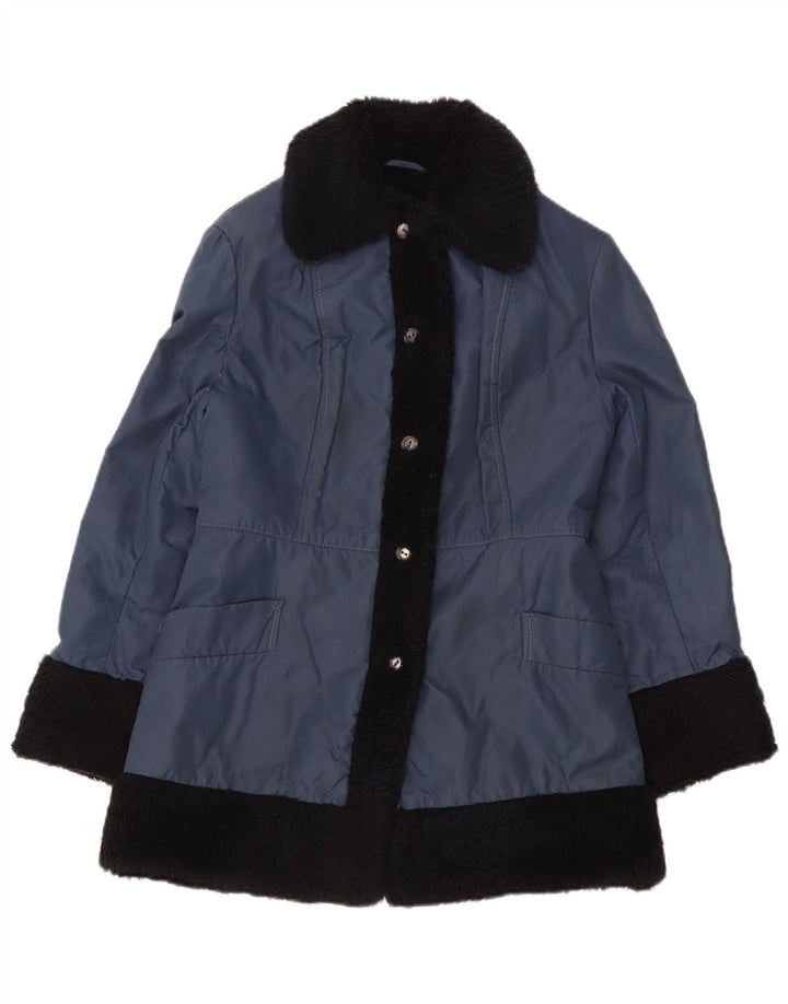 Jaqueta Sherpa feminina vintage Reino Unido 12 bloco colorido azul médio