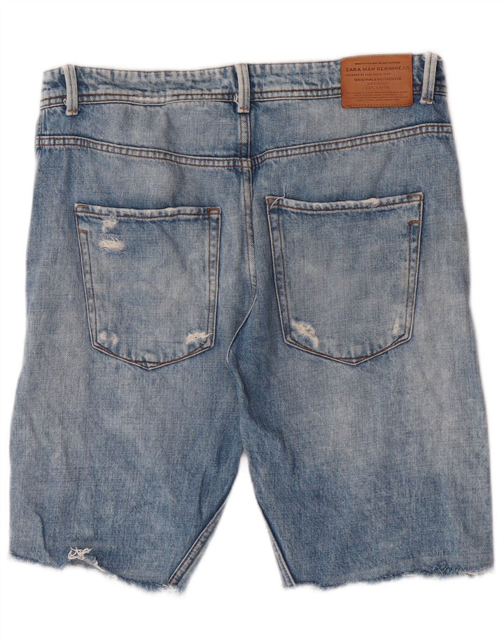 Zara Shorts jeans masculino desgastado UE 42 grande W32 azul