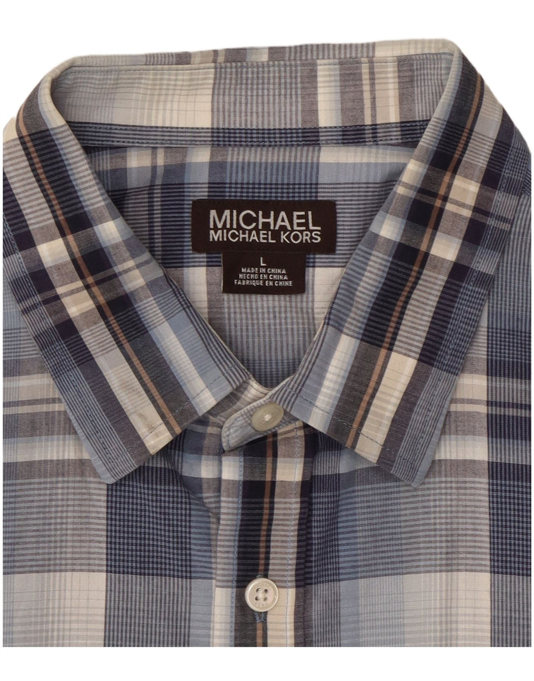MICHAEL KORS Camisa masculina de manga curta grande algodão xadrez azul
