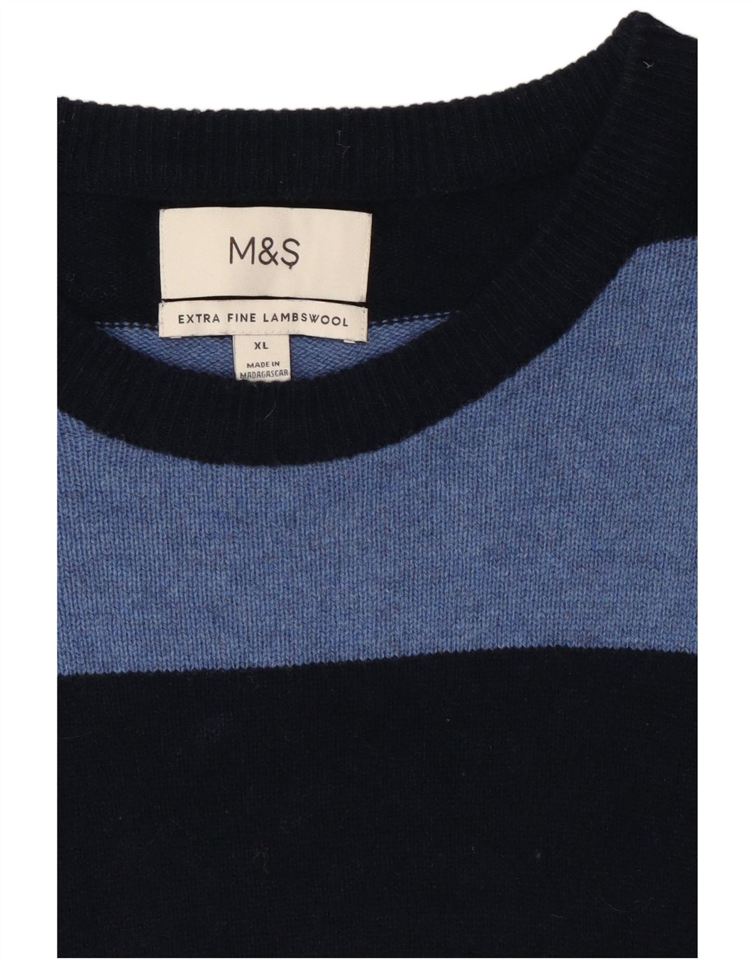 Suéter masculino Marks & Spencer com gola canoa XL de lã listrada azul marinho
