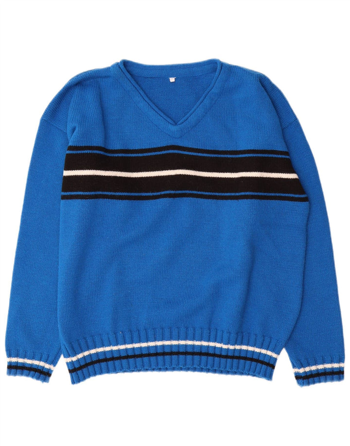 Suéter masculino vintage com decote em V bloco colorido azul médio