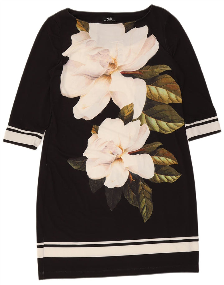 Vestido feminino Wallis manga 3/4 EUA 8/10 poliéster floral preto médio