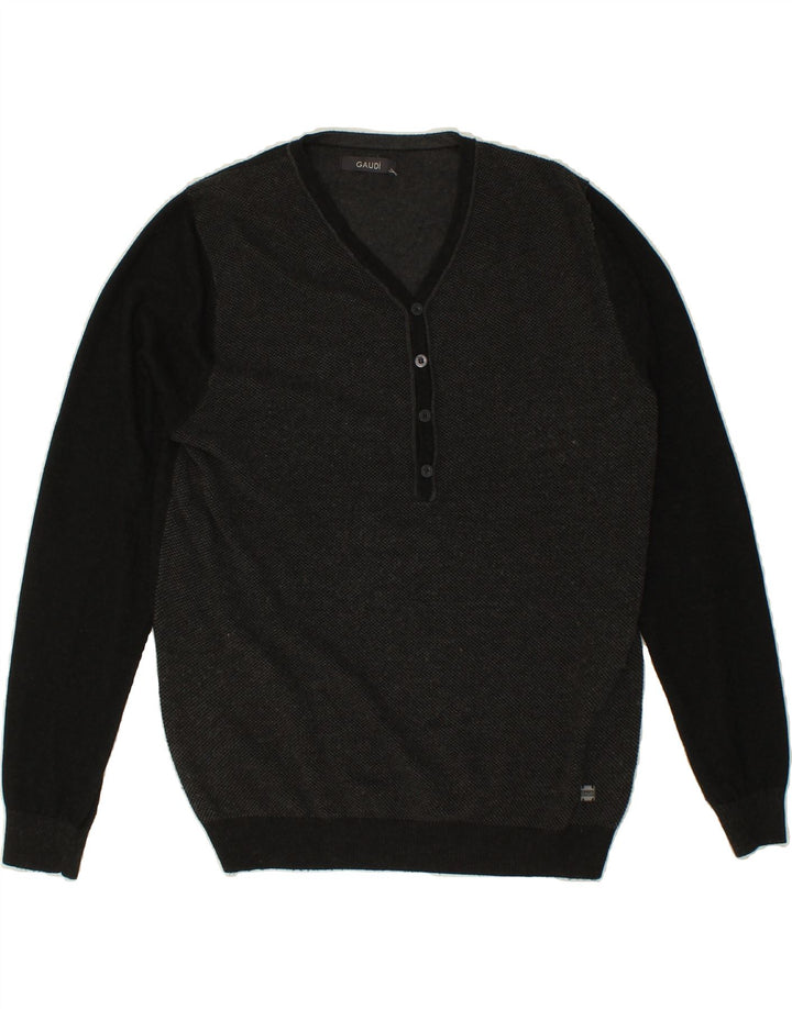 GAUDI Mens V-Neck Jumper Sweater XL Black Colourblock Cotton Vintage Gaudi and Second-Hand Gaudi from Messina Hembry 