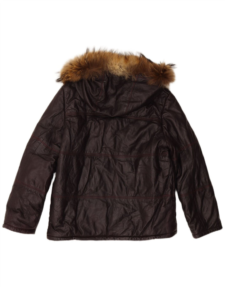 Jaqueta feminina de couro com capuz VINTAGE Reino Unido 16 grande marrom