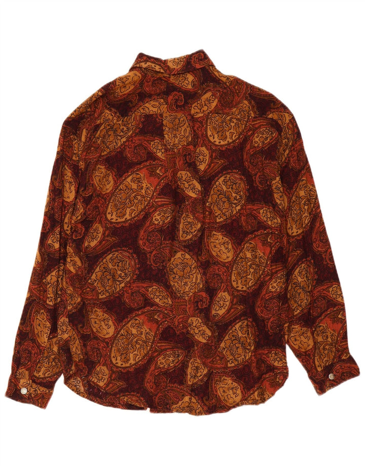 Camisa feminina vintage Reino Unido 16 grande poliéster marrom paisley