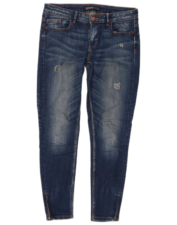 Zara Jeans skinny feminino desgastado UE 38 pequeno W28 L27 azul