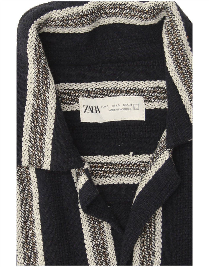 Zara Camisa masculina de manga curta pequena listrada azul marinho de algodão