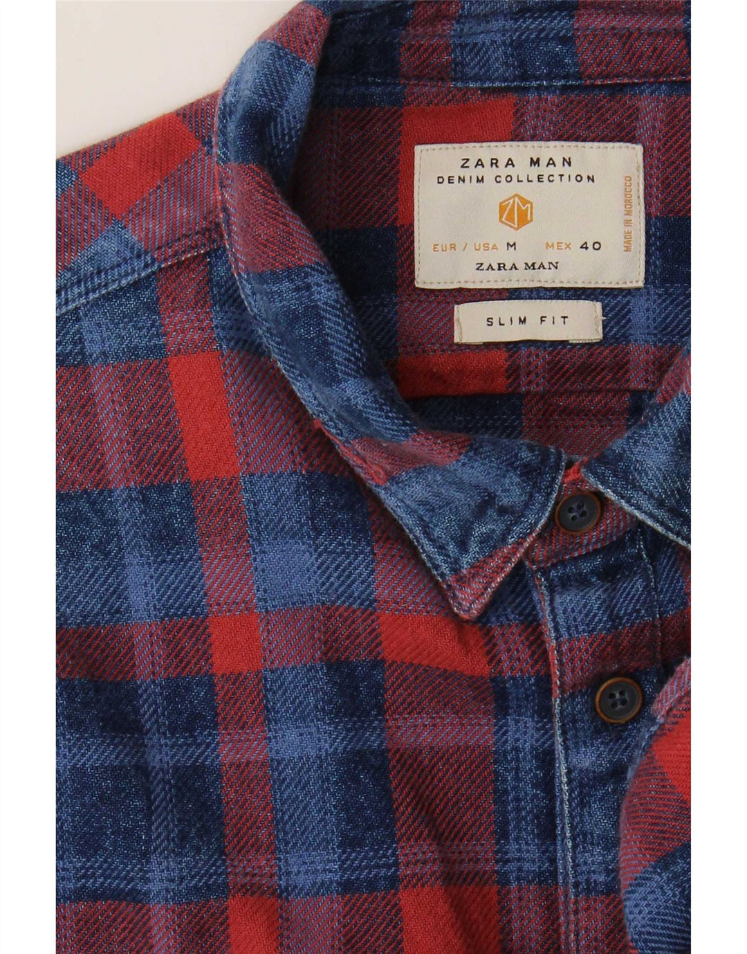 Zara Camisa masculina de flanela slim fit média xadrez vermelha