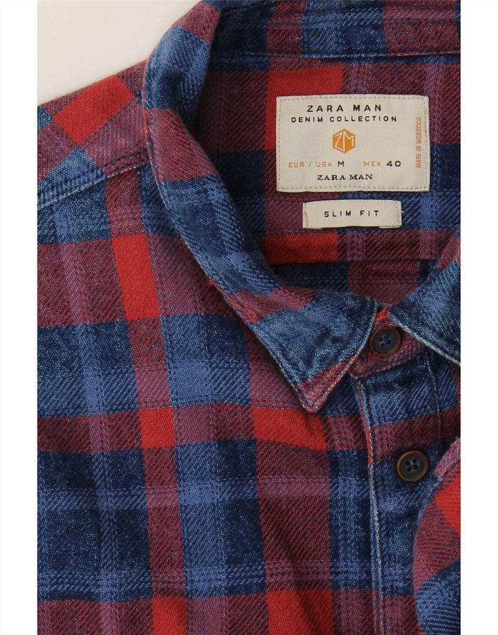 Zara Camisa masculina de flanela slim fit média xadrez vermelha