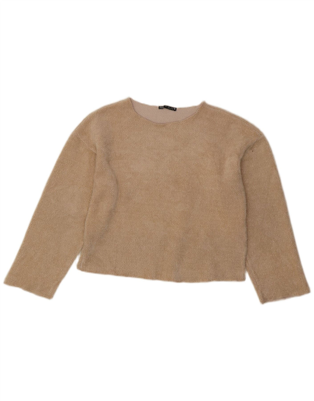 Zara Crop Top Feminino Manga Longa UK 10 Pequeno Poliéster Bege