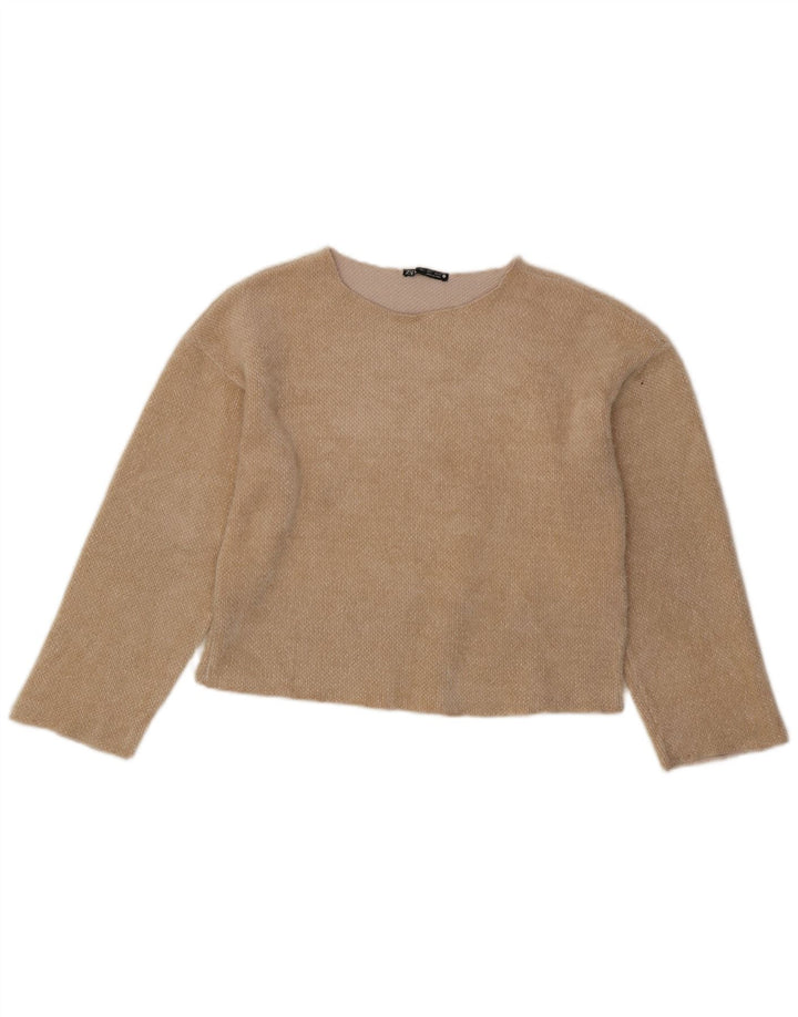 Zara Crop Top Feminino Manga Longa UK 10 Pequeno Poliéster Bege