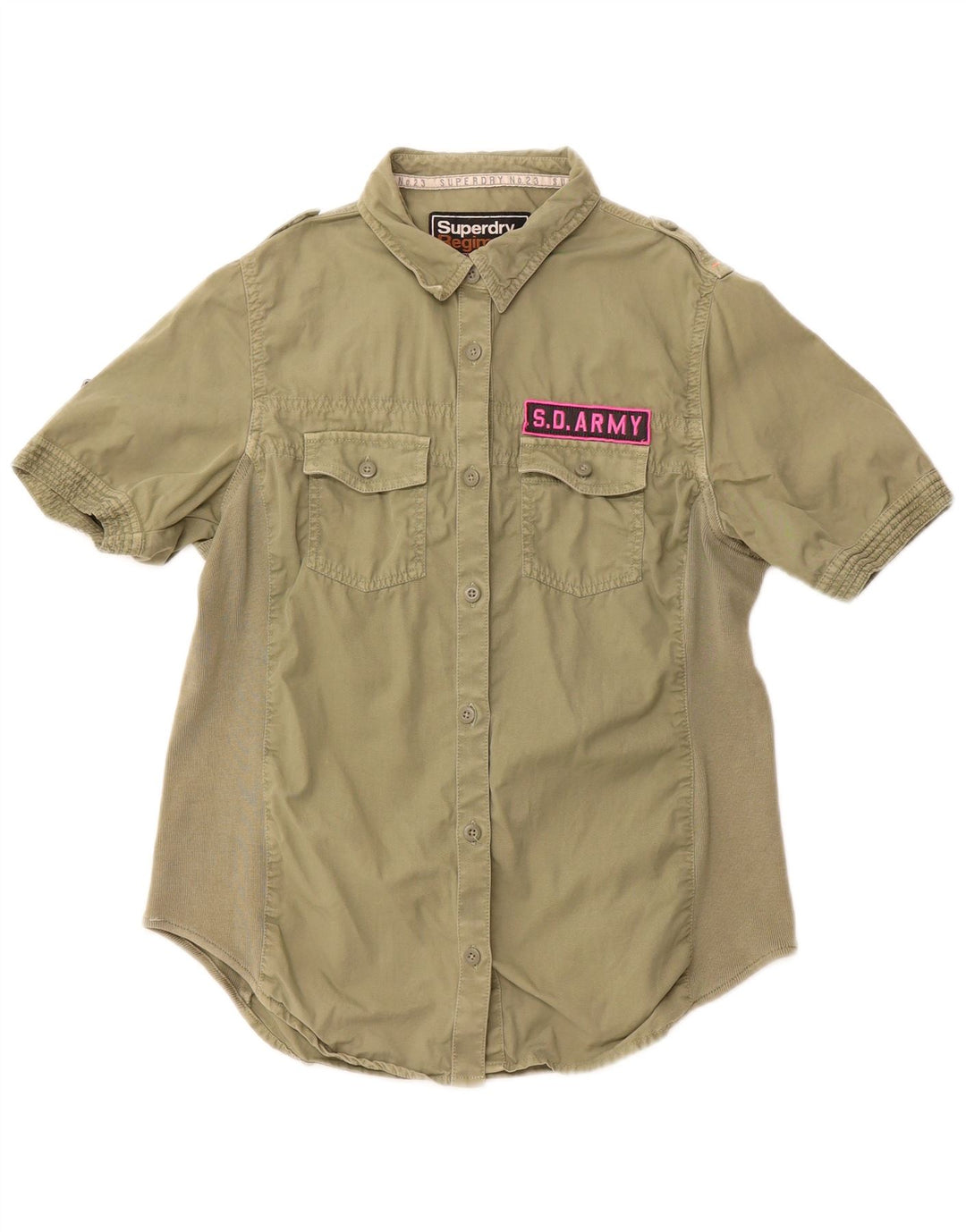 Camisa militar feminina de manga curta SUPERDRY Reino Unido 14 grande algodão cáqui