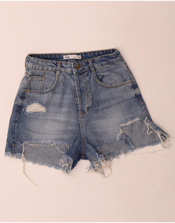 Zara Shorts jeans feminino desgastado UE 38 pequeno W28 azul