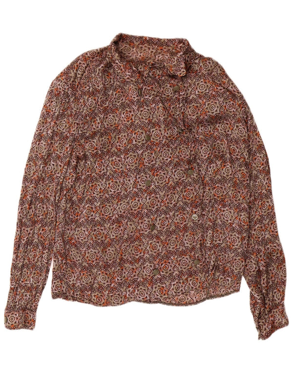 Blusa feminina vintage com botões duplos UK 16 grande marrom geométrica