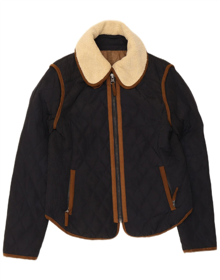 Jaqueta acolchoada feminina Zara UK 14 grande poliéster azul marinho