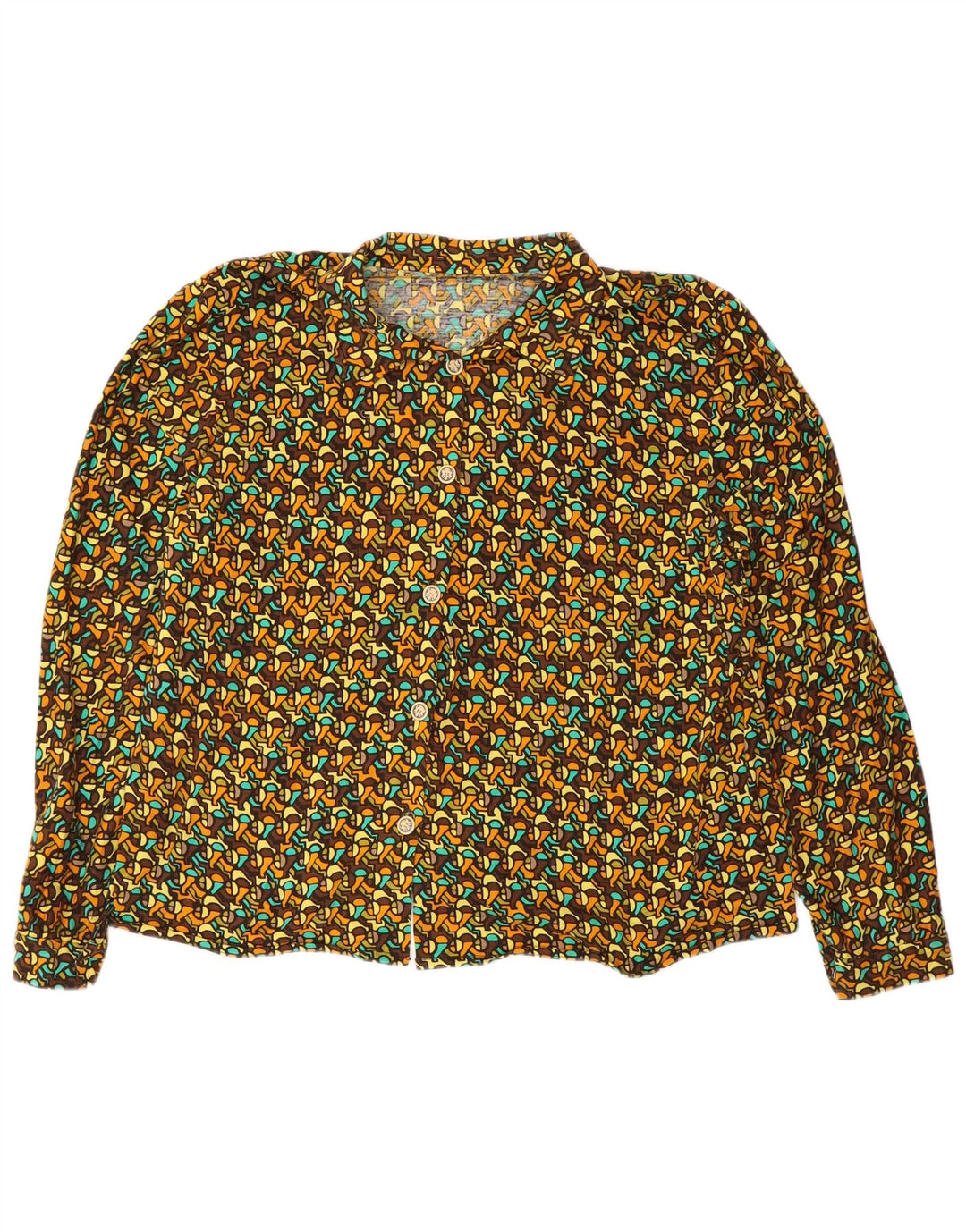 Camisa feminina vintage UK 16 grande geométrica multicolorida