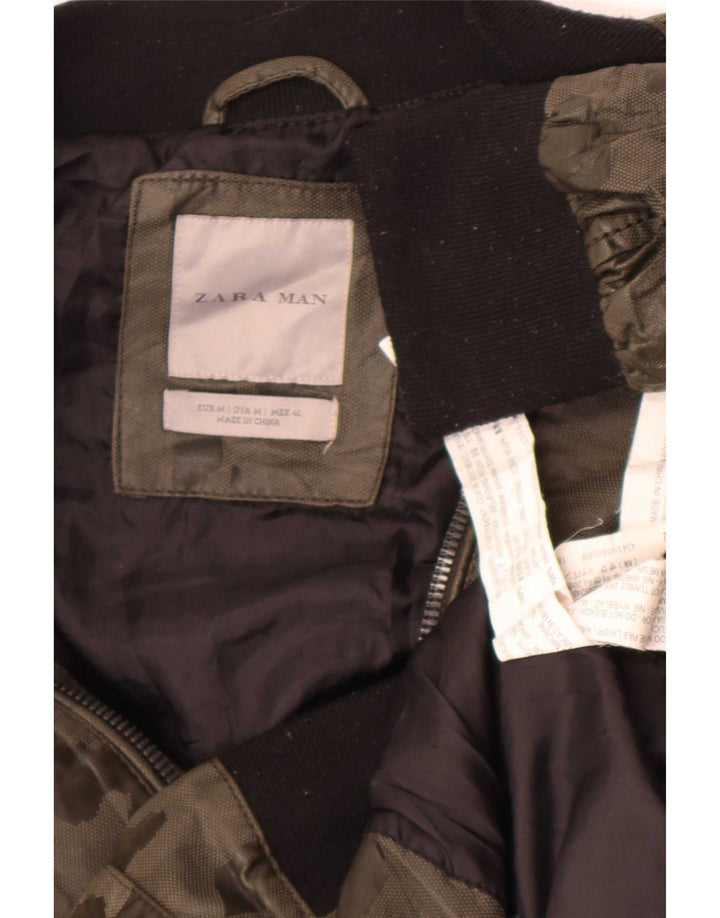 Jaqueta bomber masculina Zara de couro sintético Reino Unido 38 camuflagem cáqui média