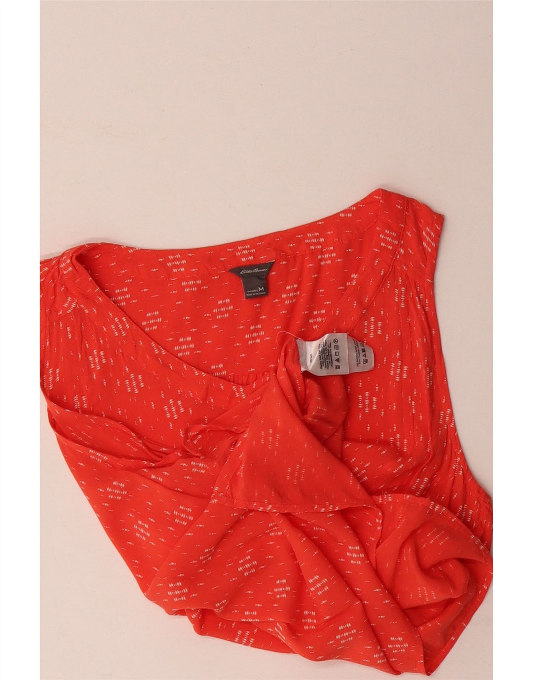 Blusa feminina Eddie Bauer UK 14 rayon geométrico laranja médio