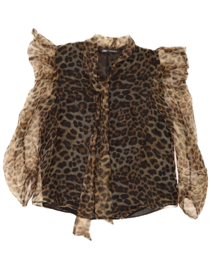 Blusa feminina Zara UK 10 pequena estampa animal marrom