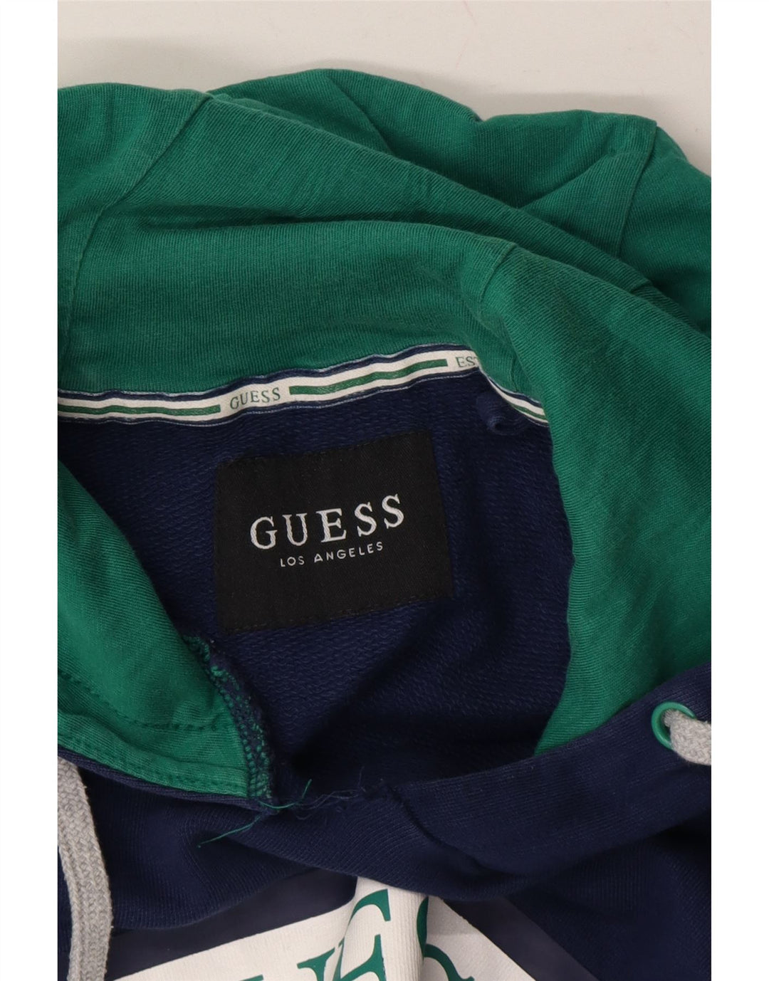 GUESS Mens Graphic Hoodie Jumper UK 40 Medium Navy Blue Cotton Vintage Guess and Second-Hand Guess from Messina Hembry 