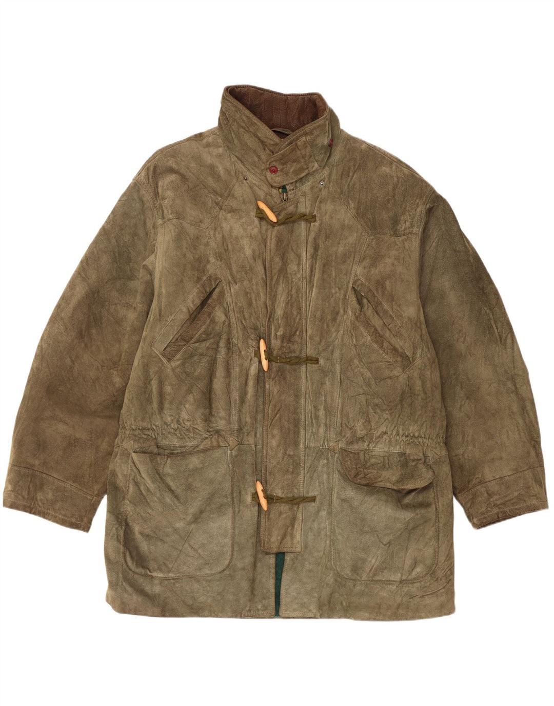 Casaco Duffle de camurça vintage feminino Reino Unido 42 XL cáqui