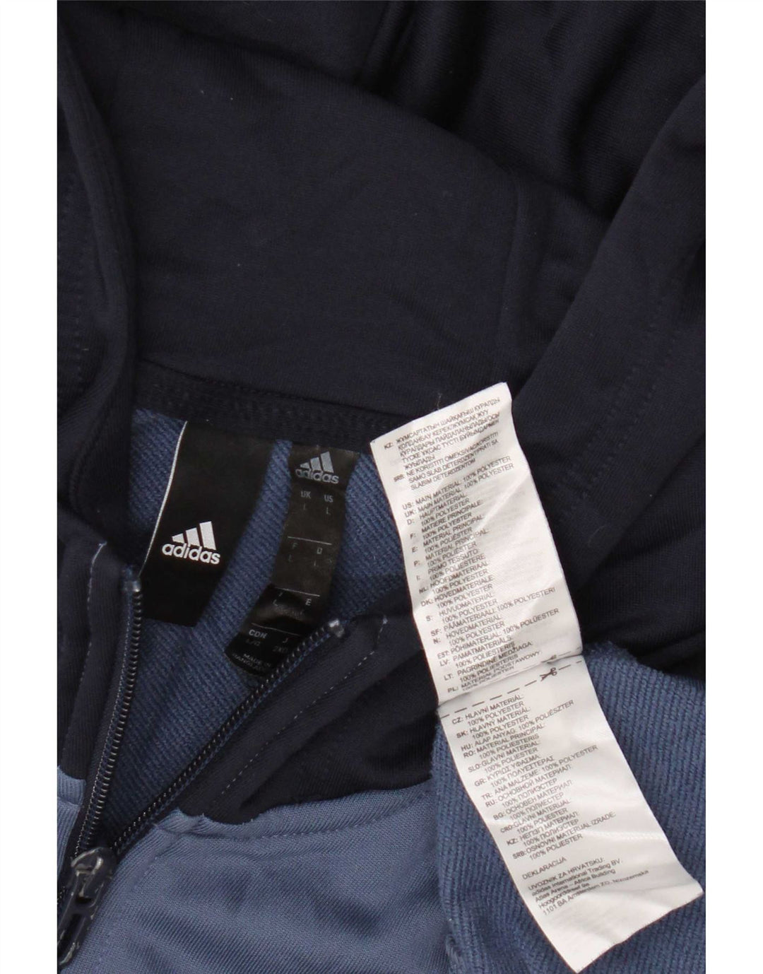 Suéter masculino Adidas com capuz e zíper grande azul colorido bloco de poliéster