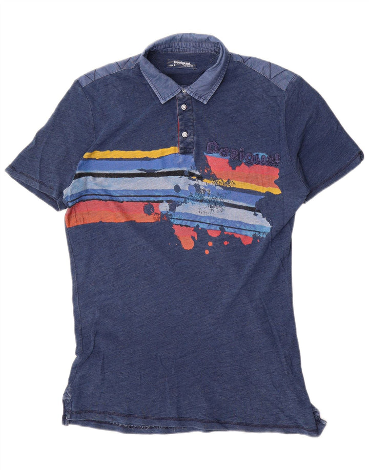Desigual Camisa polo masculina gráfica grande bloco colorido azul